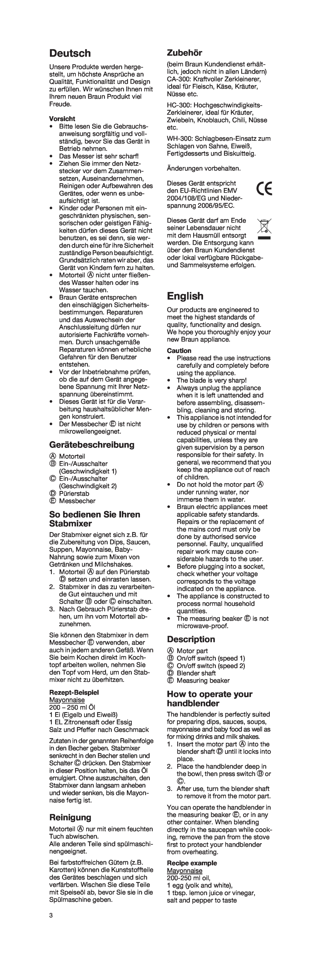 Braun 4162 manual Deutsch, English, Gerätebeschreibung, So bedienen Sie Ihren Stabmixer, Reinigung, Zubehör, Description 