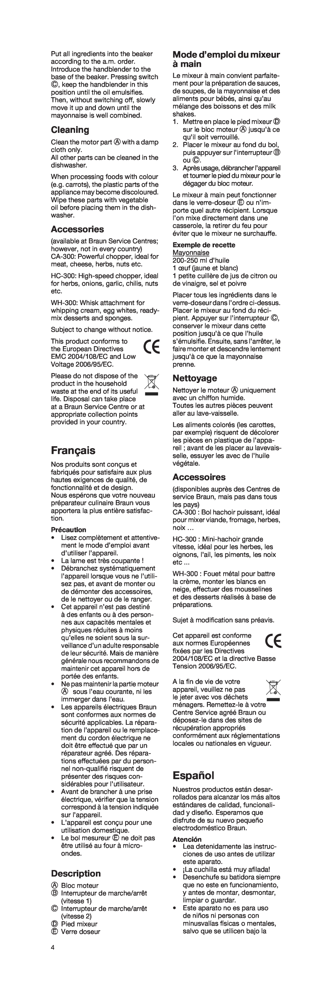 Braun 4162 Français, Español, Cleaning, Accessories, Mode d’emploi du mixeur à main, Nettoyage, Accessoires, Description 