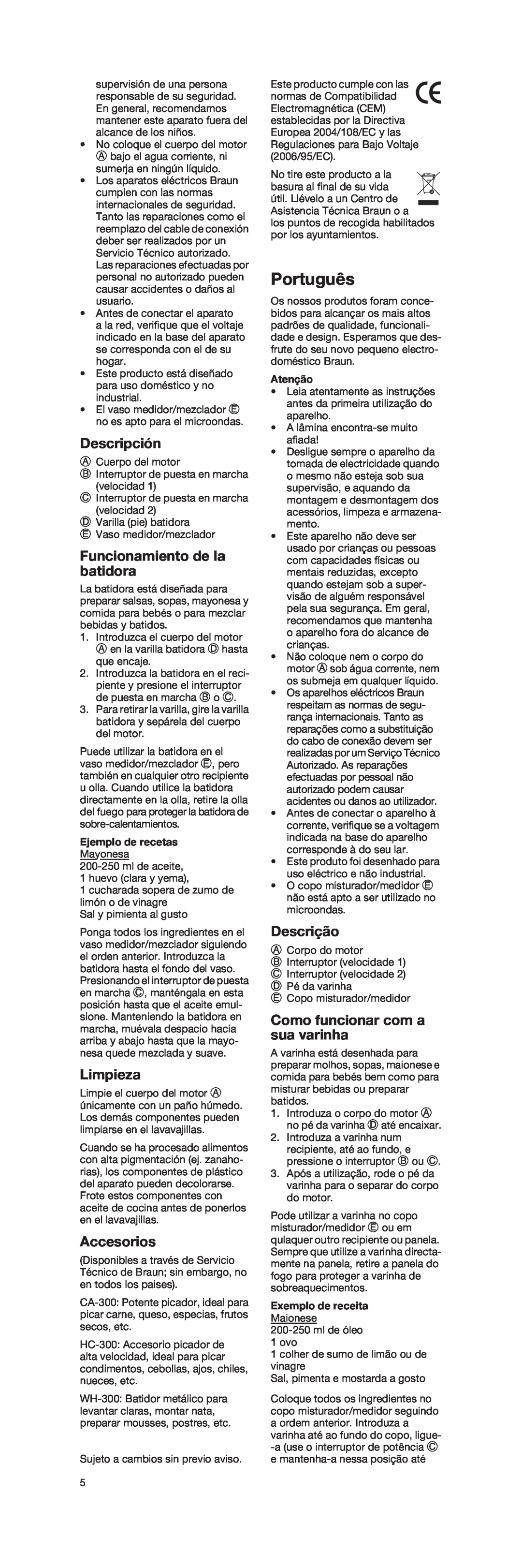 Braun 4162 Português, Descripción, Funcionamiento de la batidora, Limpieza, Accesorios, Descrição, Ejemplo de recetas 