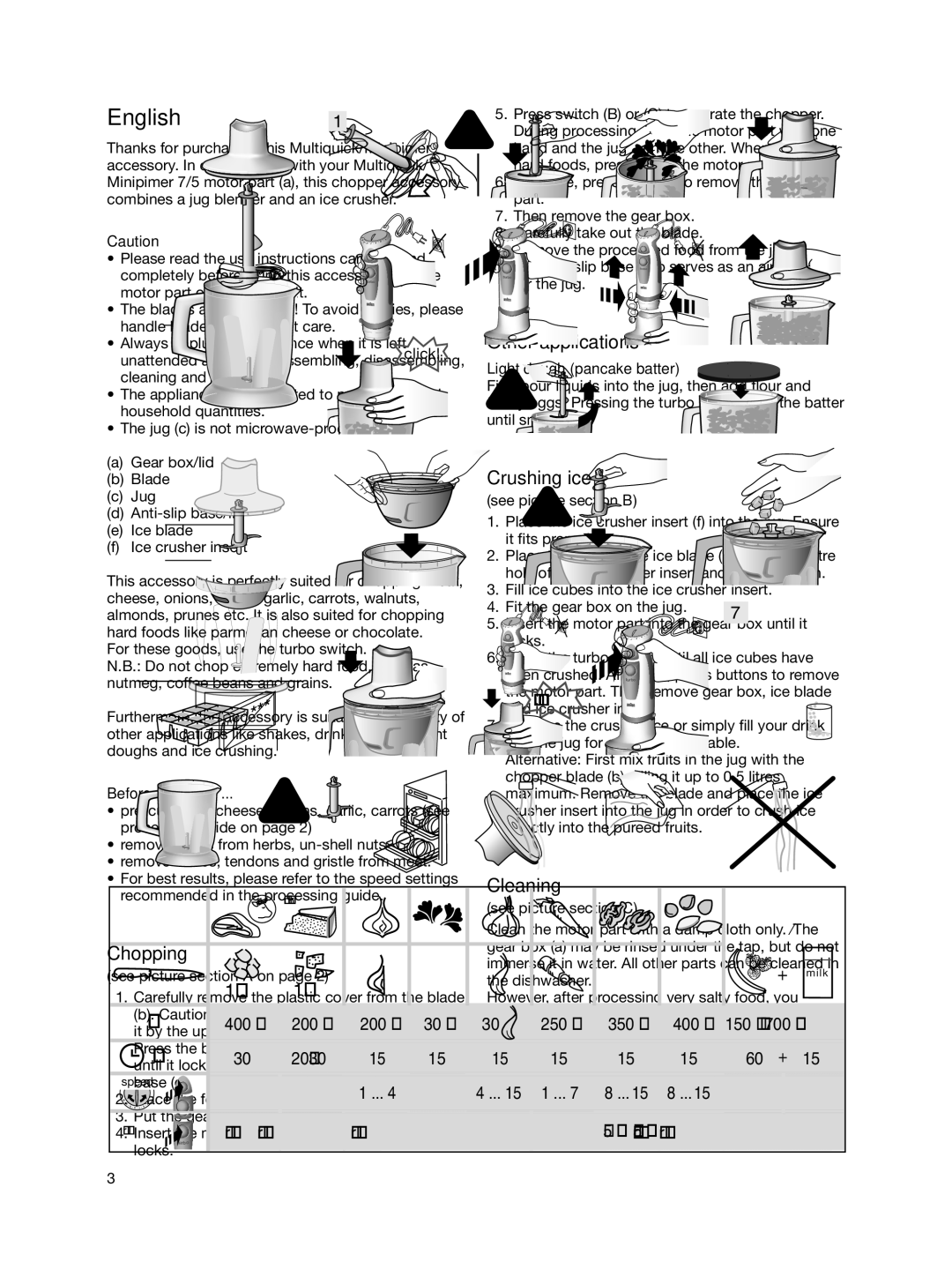 Braun 4191 manual English, Chopping, Other applications, Crushing ice, Cleaning 