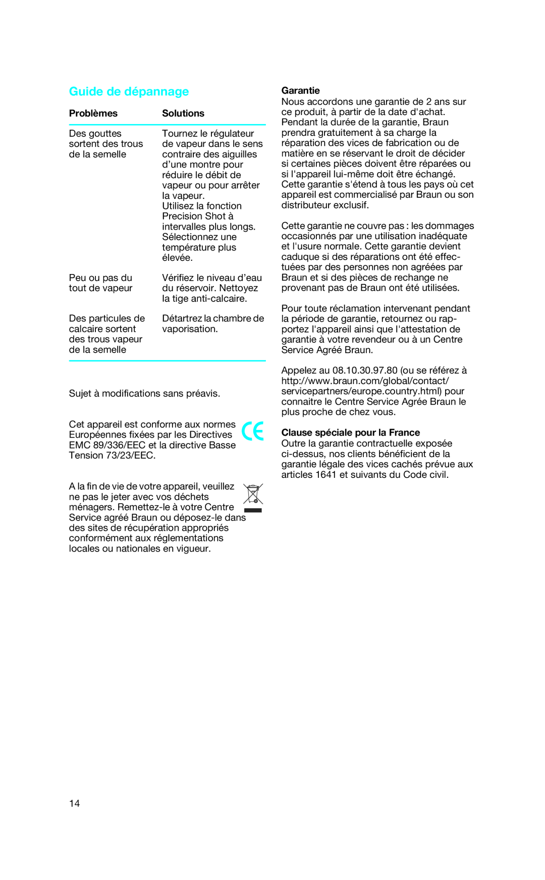 Braun 4661 manual Guide de dépannage, Problèmes Solutions, Clause spéciale pour la France 