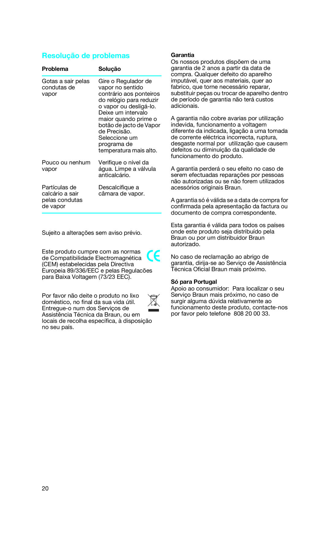 Braun 4661 manual Resolução de problemas, Problema Solução, Garantia, Só para Portugal 