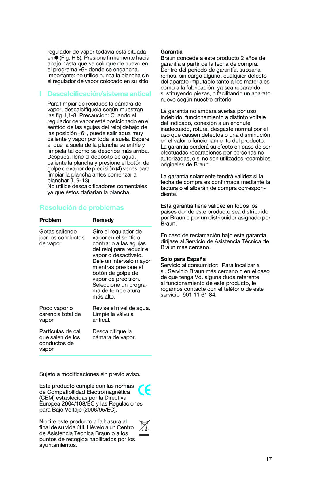 Braun 4690, 4679 manual Descalcificación/sistema antical, Resolución de problemas, Garantía, Solo para España 