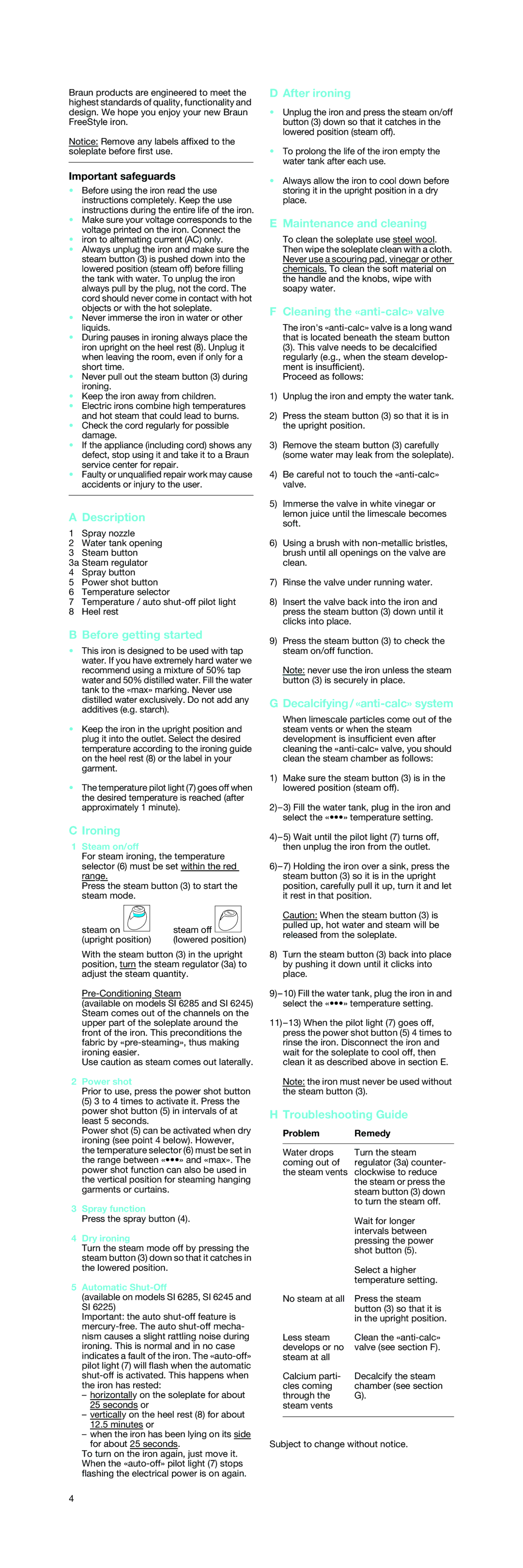 Braun 4699 Description, Before getting started, Ironing, After ironing, Maintenance and cleaning, Troubleshooting Guide 