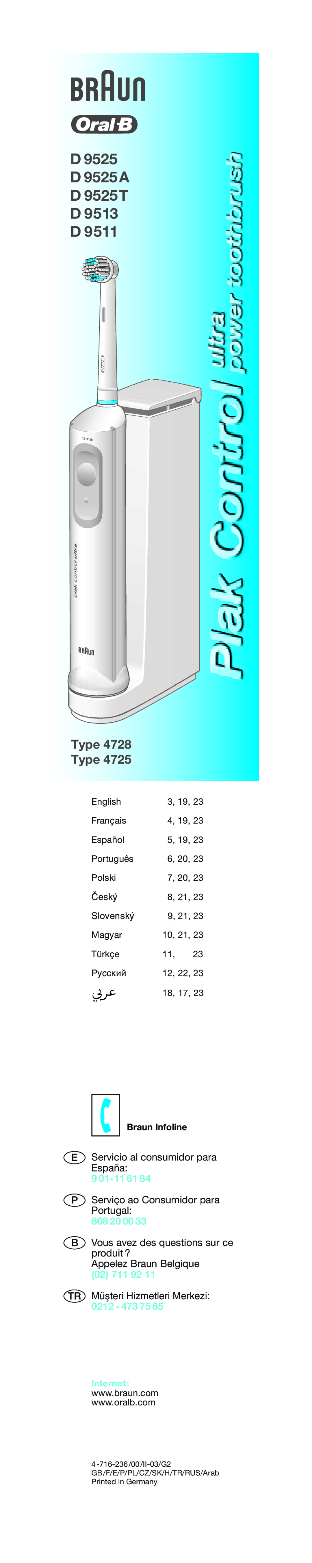 Braun 4725 manual 01-11 61, 808 20 00, 02 711 92, 0212 473 75, Braun Infoline 