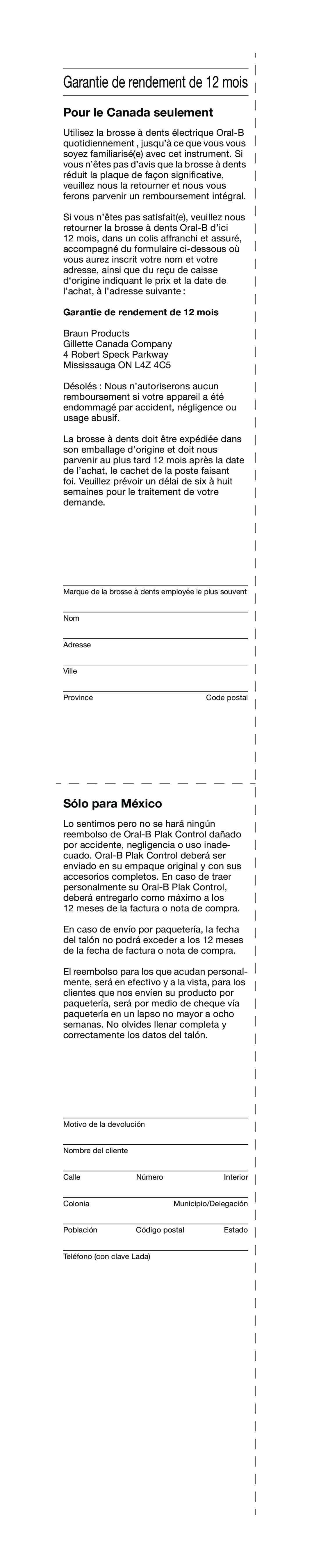 Braun 4728 manual Pour le Canada seulement, Garantie de rendement de 12 mois, Sólo para México 