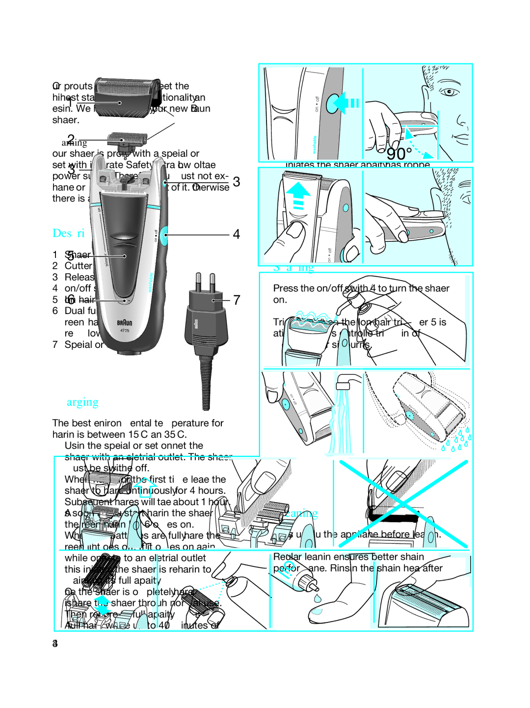 Braun 4775 manual English, Description, Charging, Shaving, Cleaning 