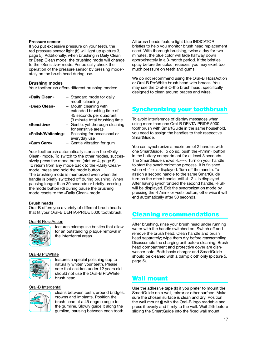 Braun 5000 manual Synchronizing your toothbrush, Cleaning recommendations, Wall mount 