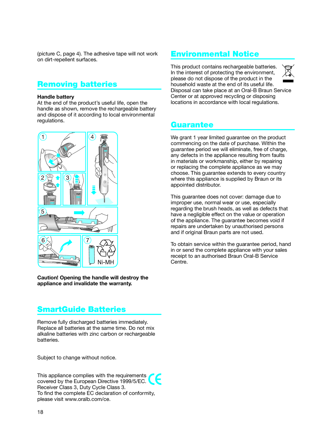 Braun 5000 manual Removing batteries, SmartGuide Batteries, Environmental Notice, Guarantee 