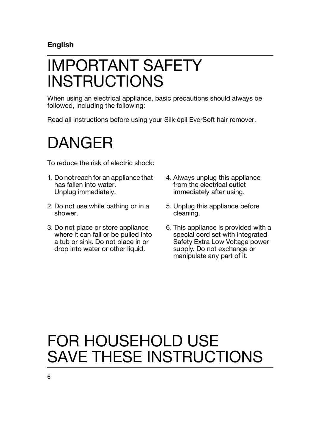 Braun 5316 manual Important Safety Instructions, Danger, For Household Use Save These Instructions, English 