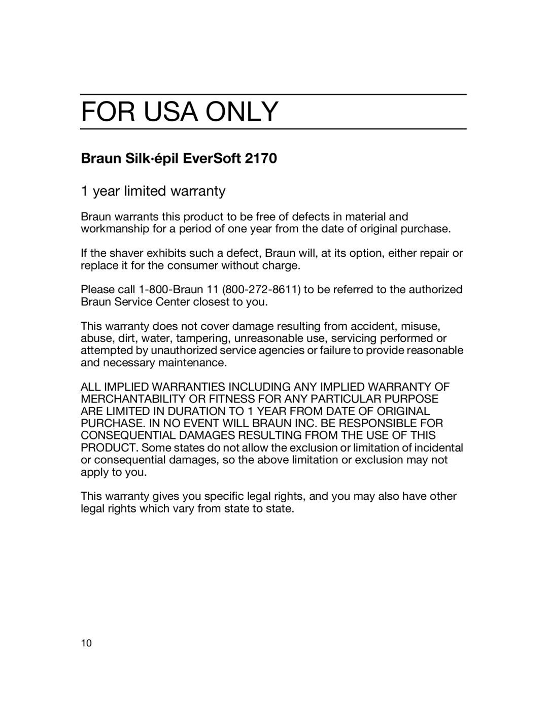 Braun 5316 manual For Usa Only, Braun Silk·épil EverSoft, year limited warranty 