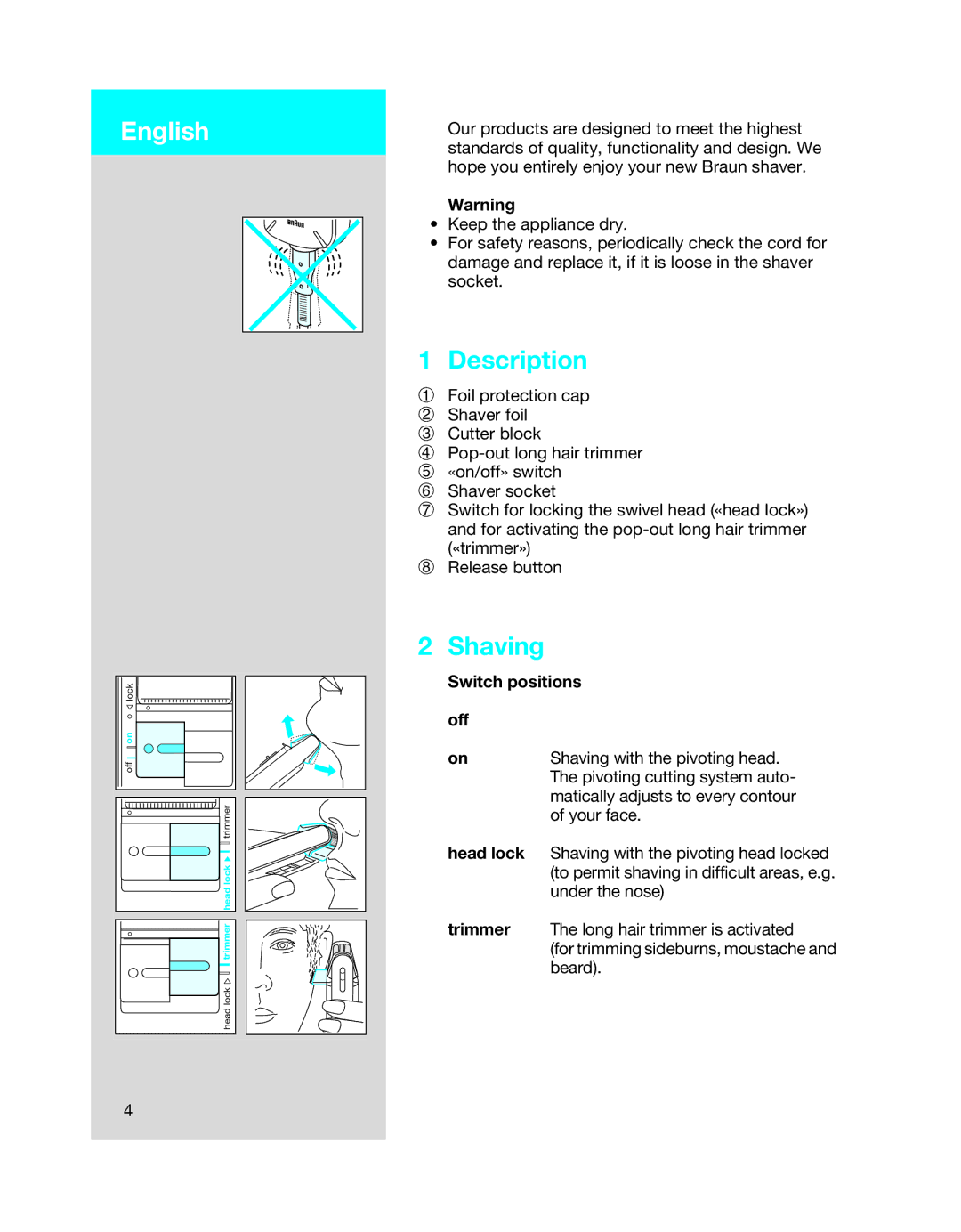 Braun 5410 manual English, Description, Shaving 