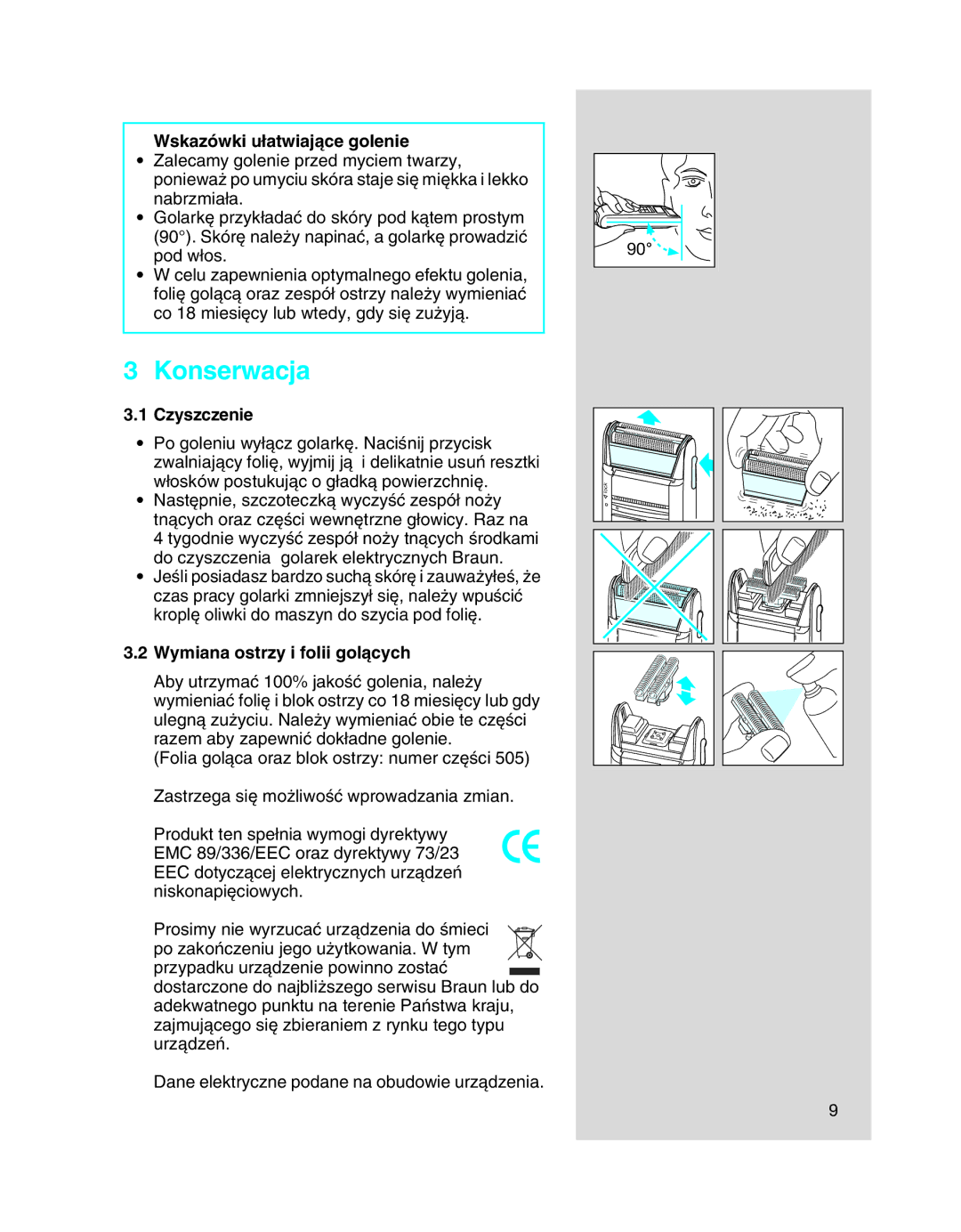 Braun 5410 manual Konserwacja, Wskazówki u∏atwiajàce golenie, Czyszczenie, Wymiana ostrzy i folii golàcych 