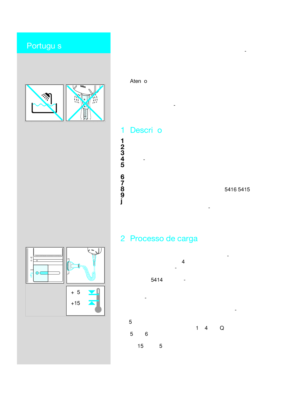 Braun 5416, 5414, 5415 manual Português, Descrição, Processo de carga, Atenção 