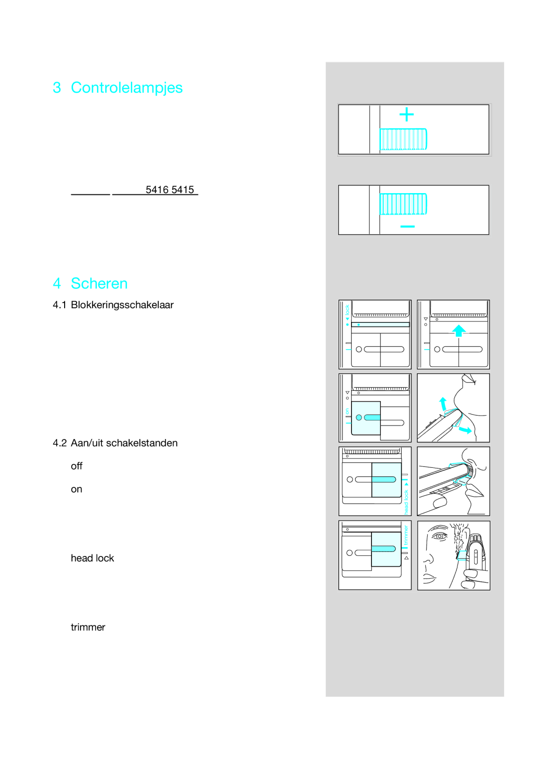 Braun 5416, 5414, 5415 manual Controlelampjes, Scheren, Blokkeringsschakelaar 