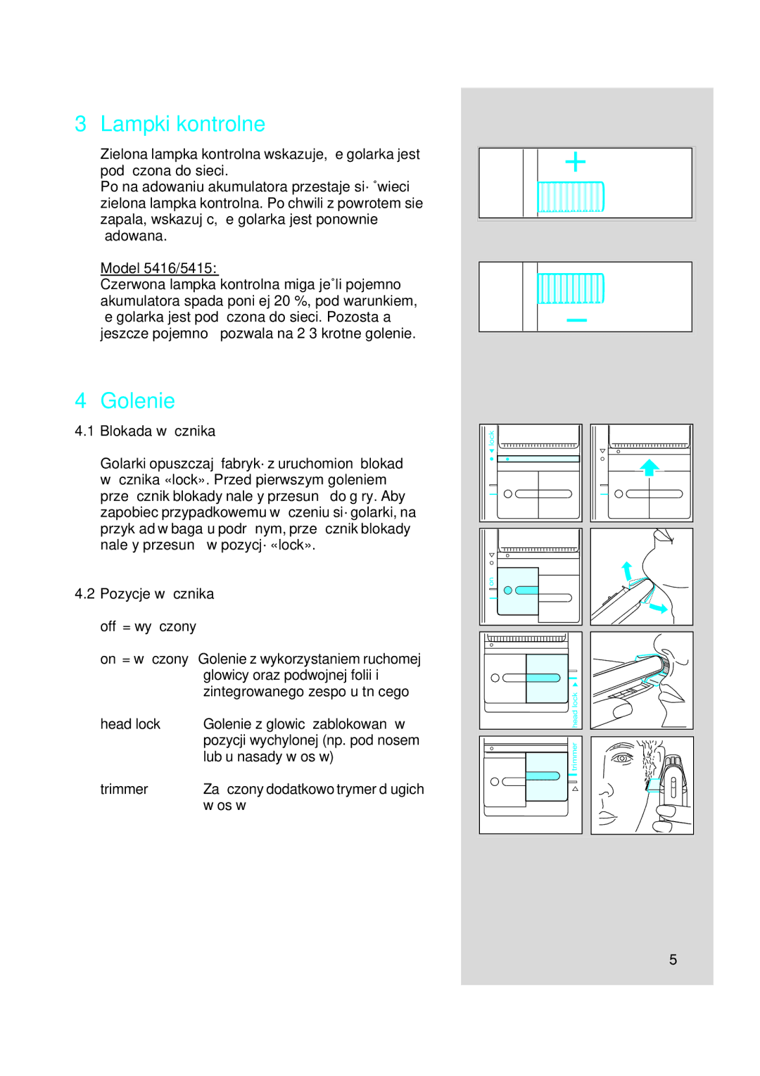 Braun 5414, 5415, 5416 manual Lampki kontrolne, Golenie, Blokada w∏àcznika 