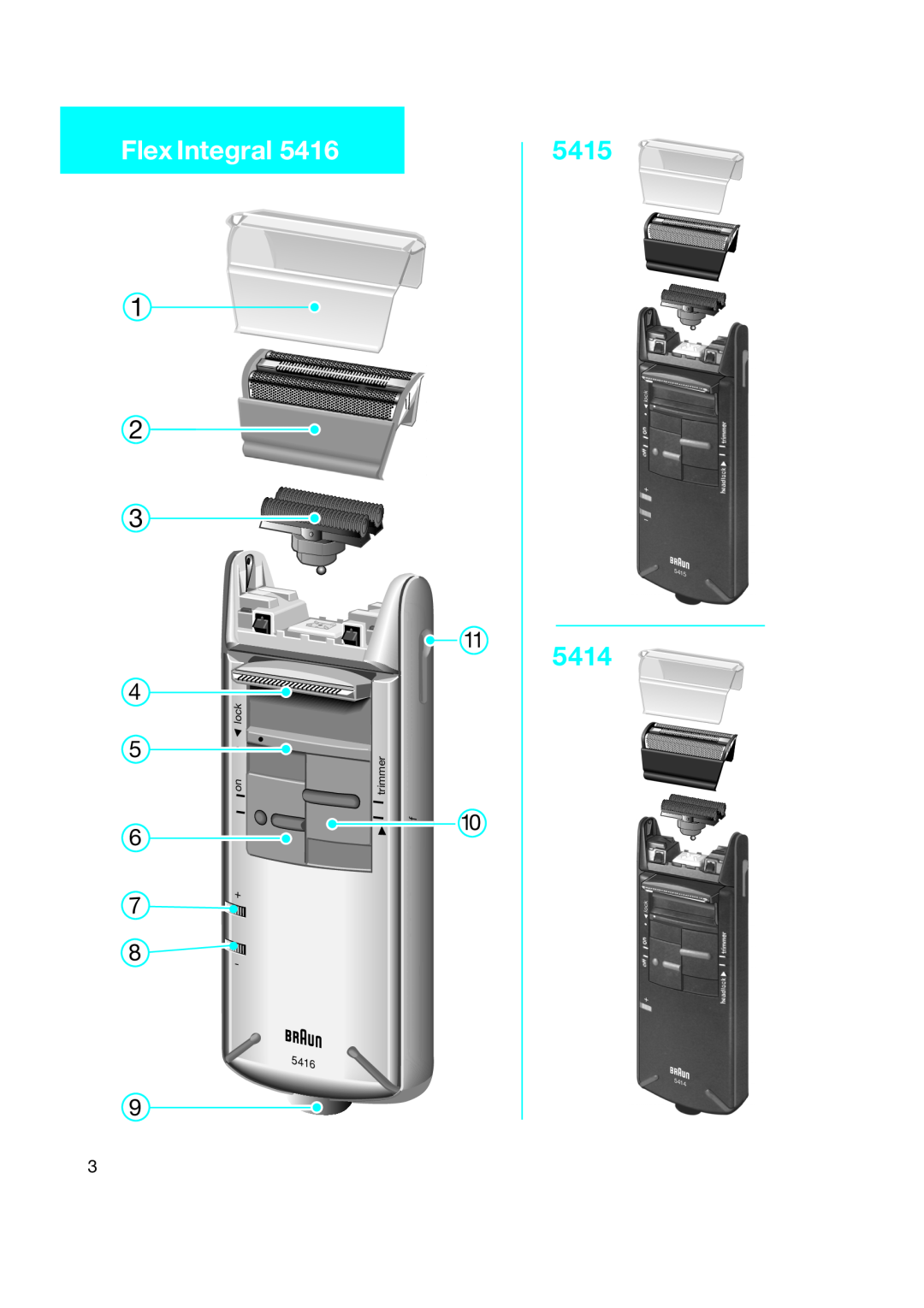 Braun 5414 manual Flex Integral, 5415, 10of, 5416, lock, trimmer 