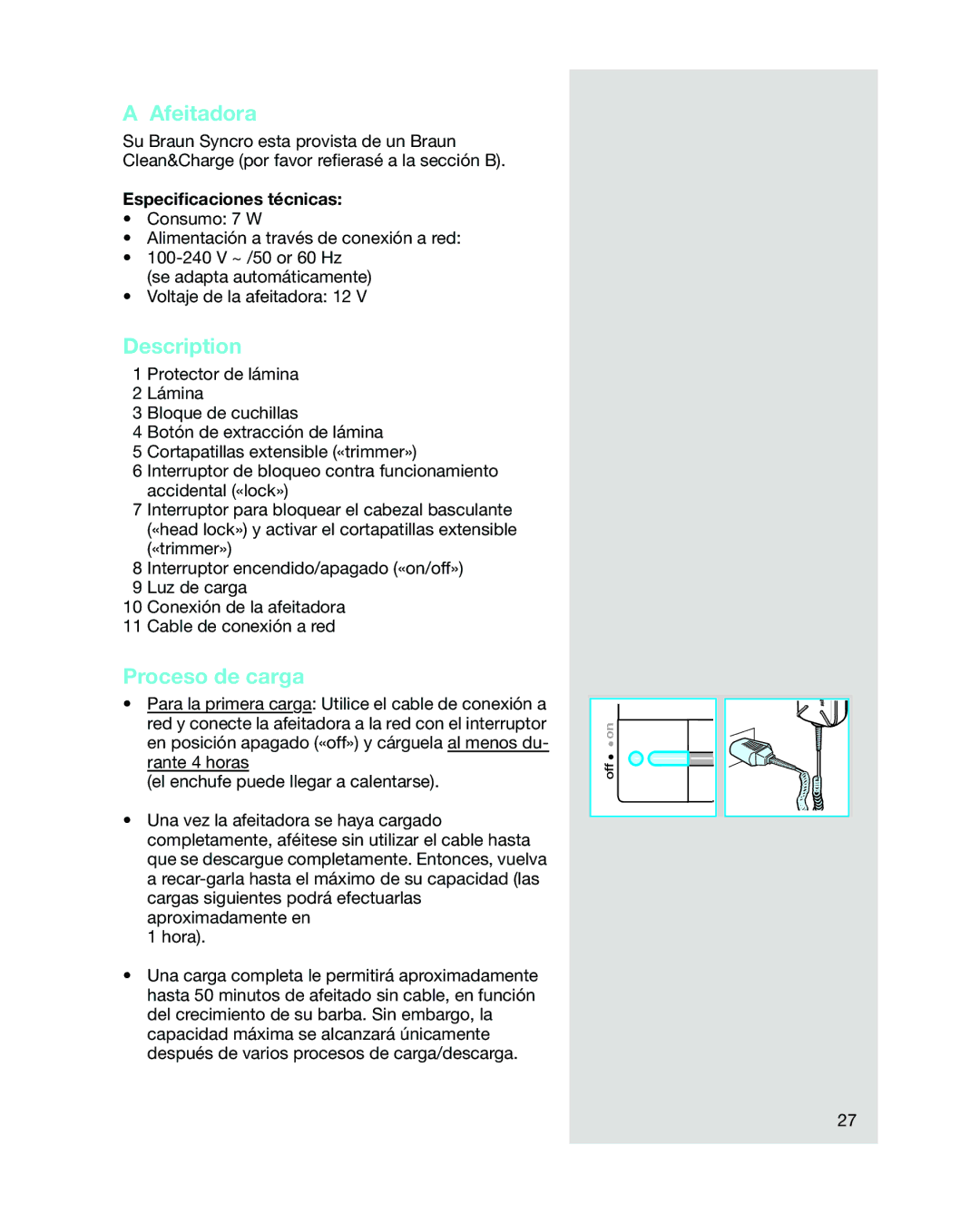 Braun 5441 manual Afeitadora, Proceso de carga, Especiﬁcaciones técnicas 