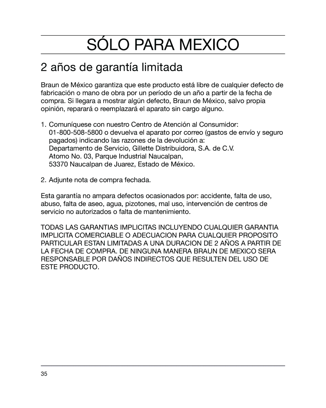 Braun 5441 manual Sólo Para Mexico, Años de garantía limitada 