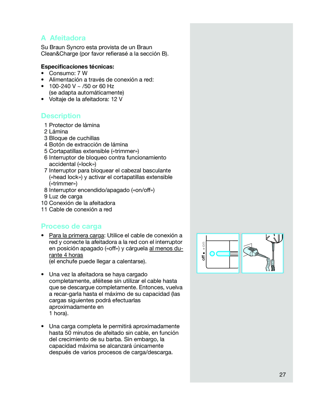 Braun 5441 manual A Afeitadora, Proceso de carga, Description, Especiﬁcaciones técnicas 
