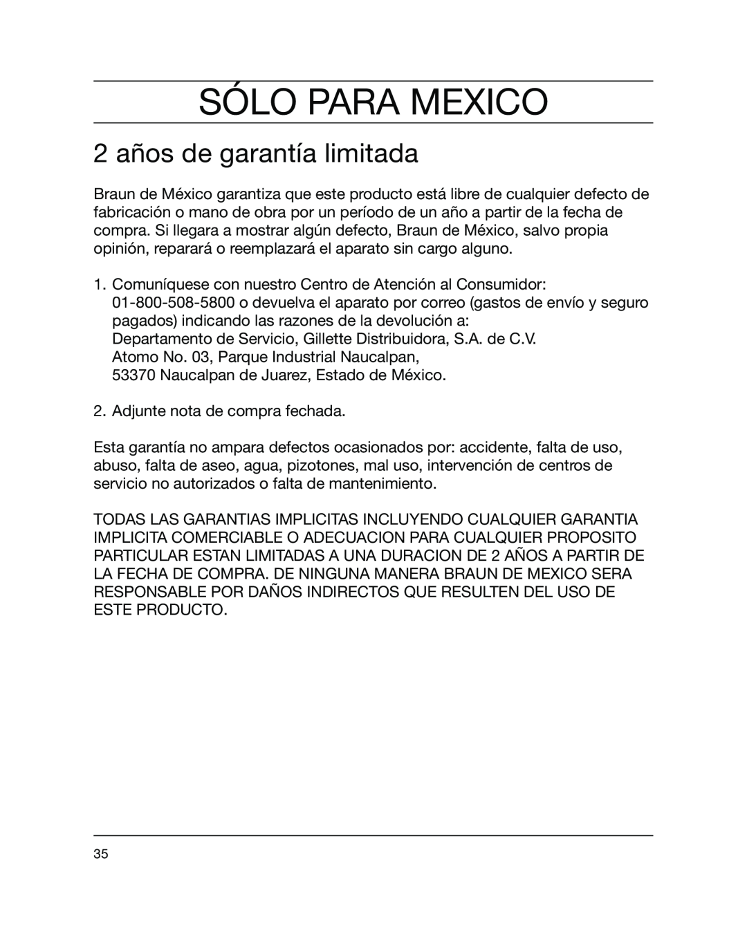 Braun 5441 manual Sólo Para Mexico, 2 años de garantía limitada 