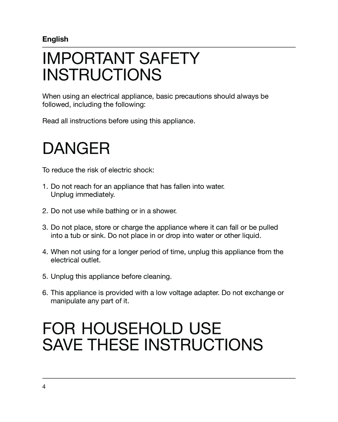 Braun 5441 manual Important Safety Instructions, Danger, For Household Use Save These Instructions, English 