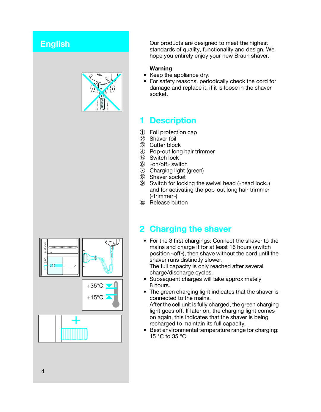 Braun 5443 manual English, Description, Charging the shaver 