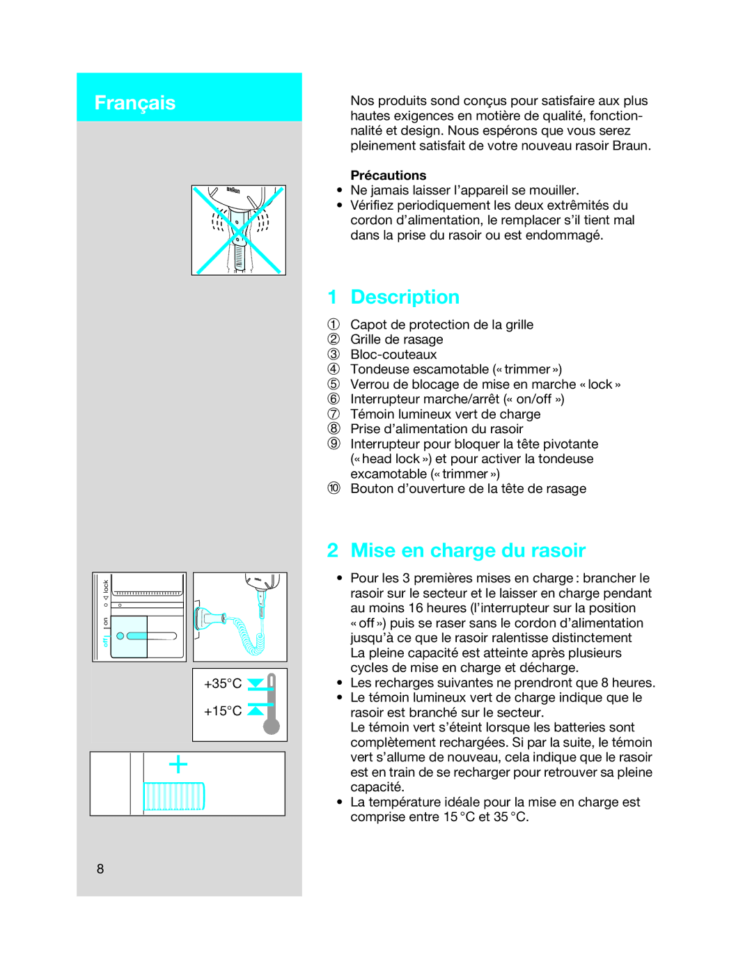 Braun 5443 manual Français, Mise en charge du rasoir, Précautions 