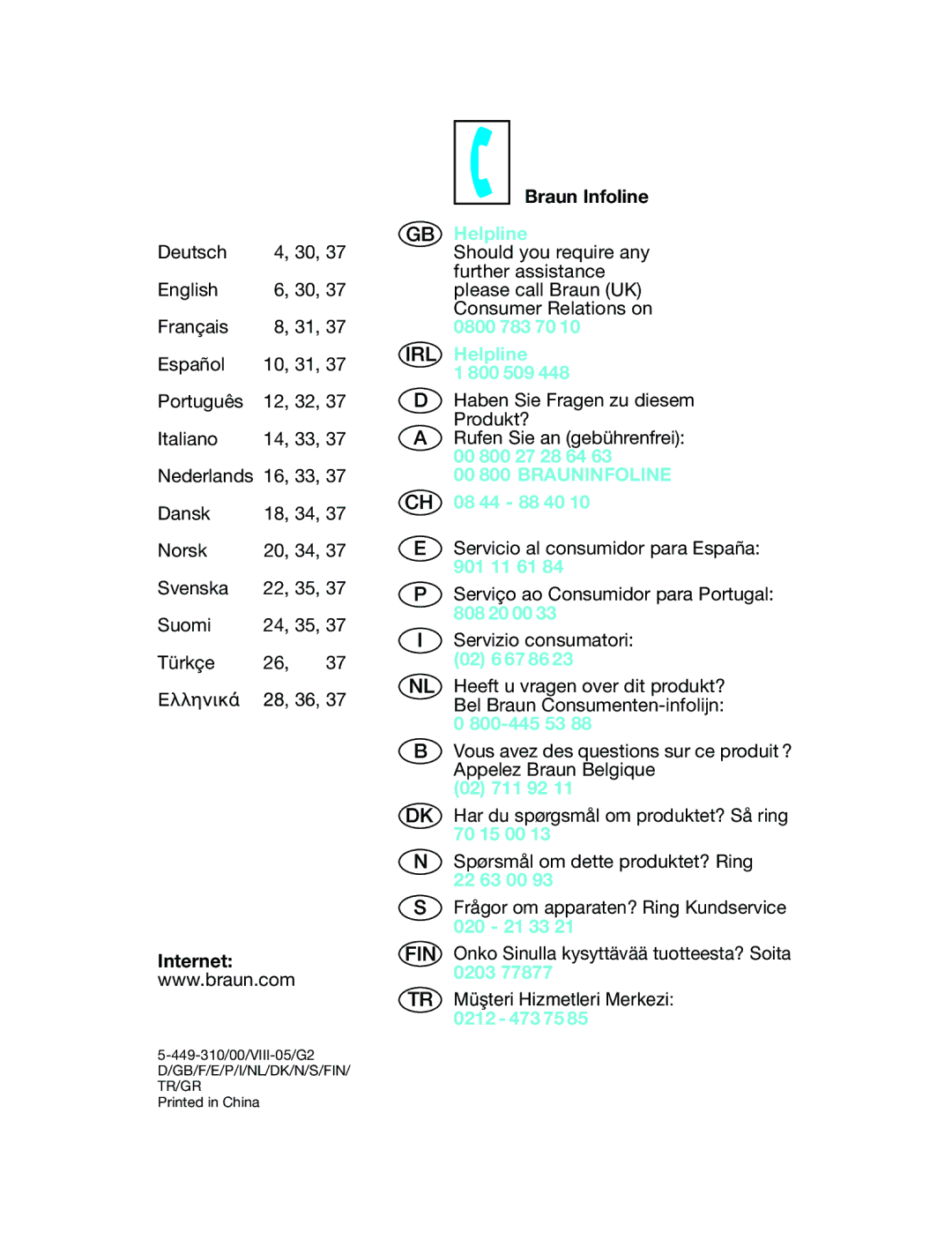 Braun 5449 manual Internet, Braun Infoline 