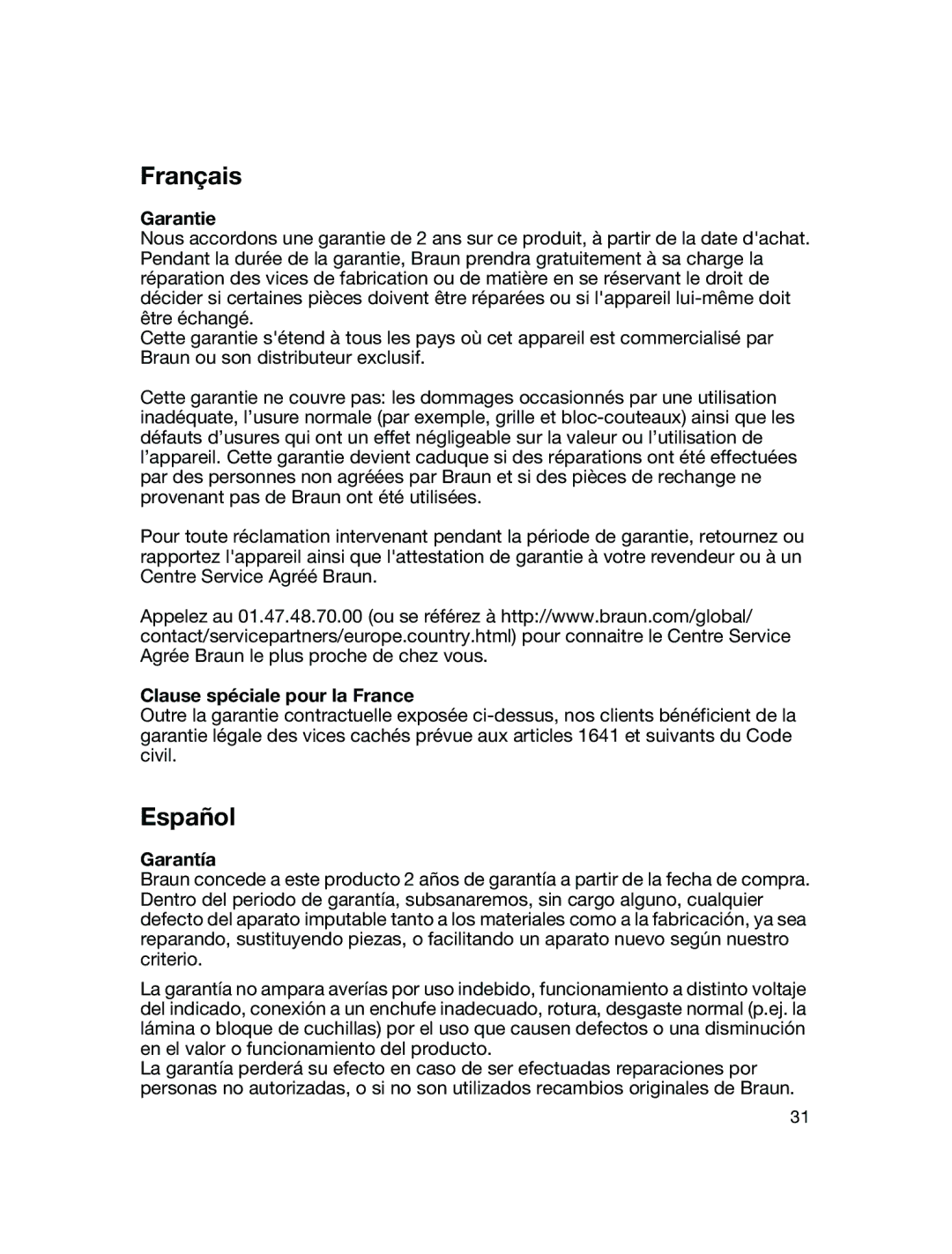 Braun 5449 manual Français, Español, Clause spéciale pour la France, Garantía 