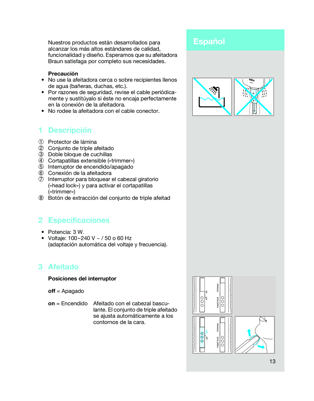 Braun 5468 manual Español, Descripción, Especificaciones, Afeitado 