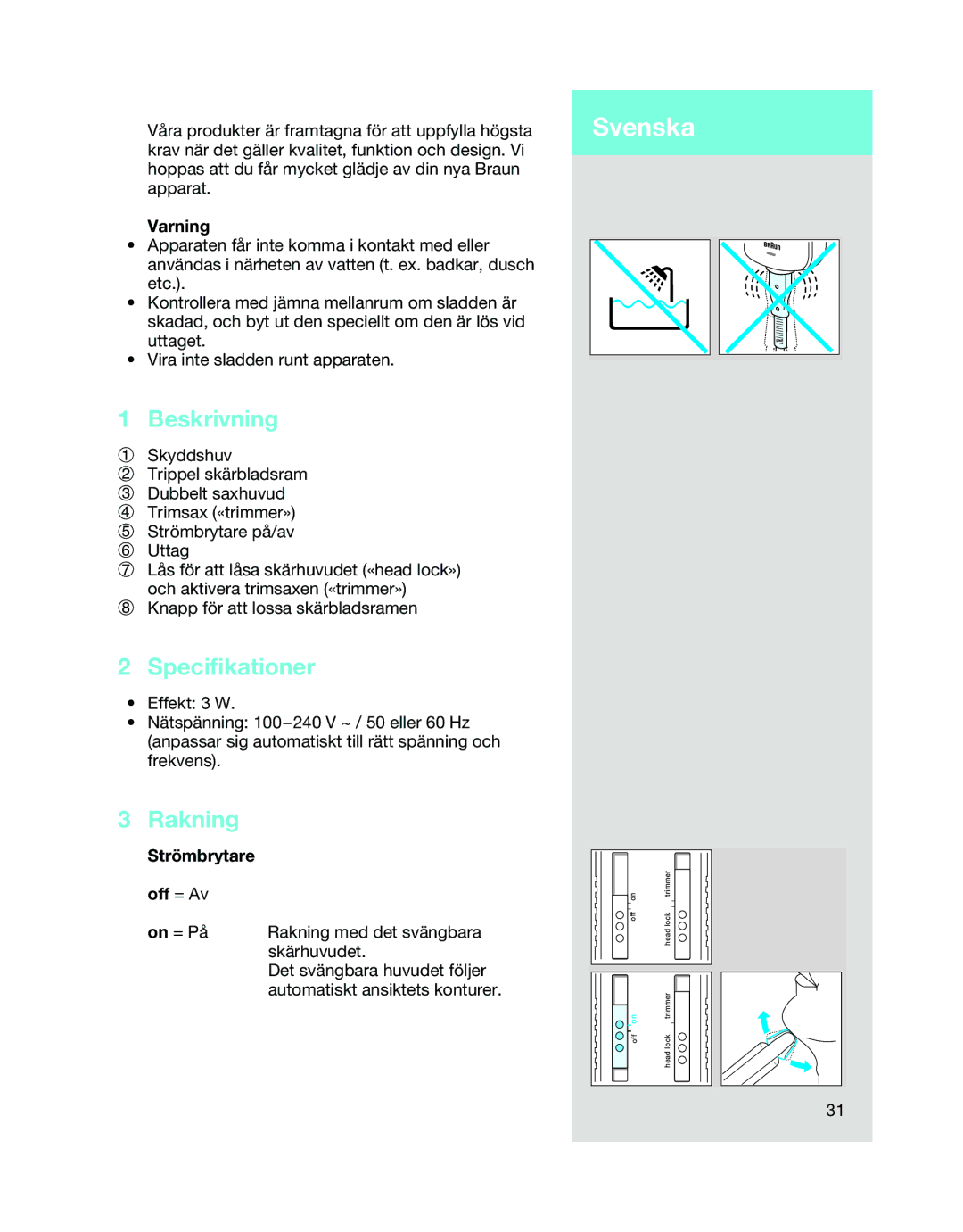 Braun 5468 manual Svenska, Beskrivning, Specifikationer, Rakning 