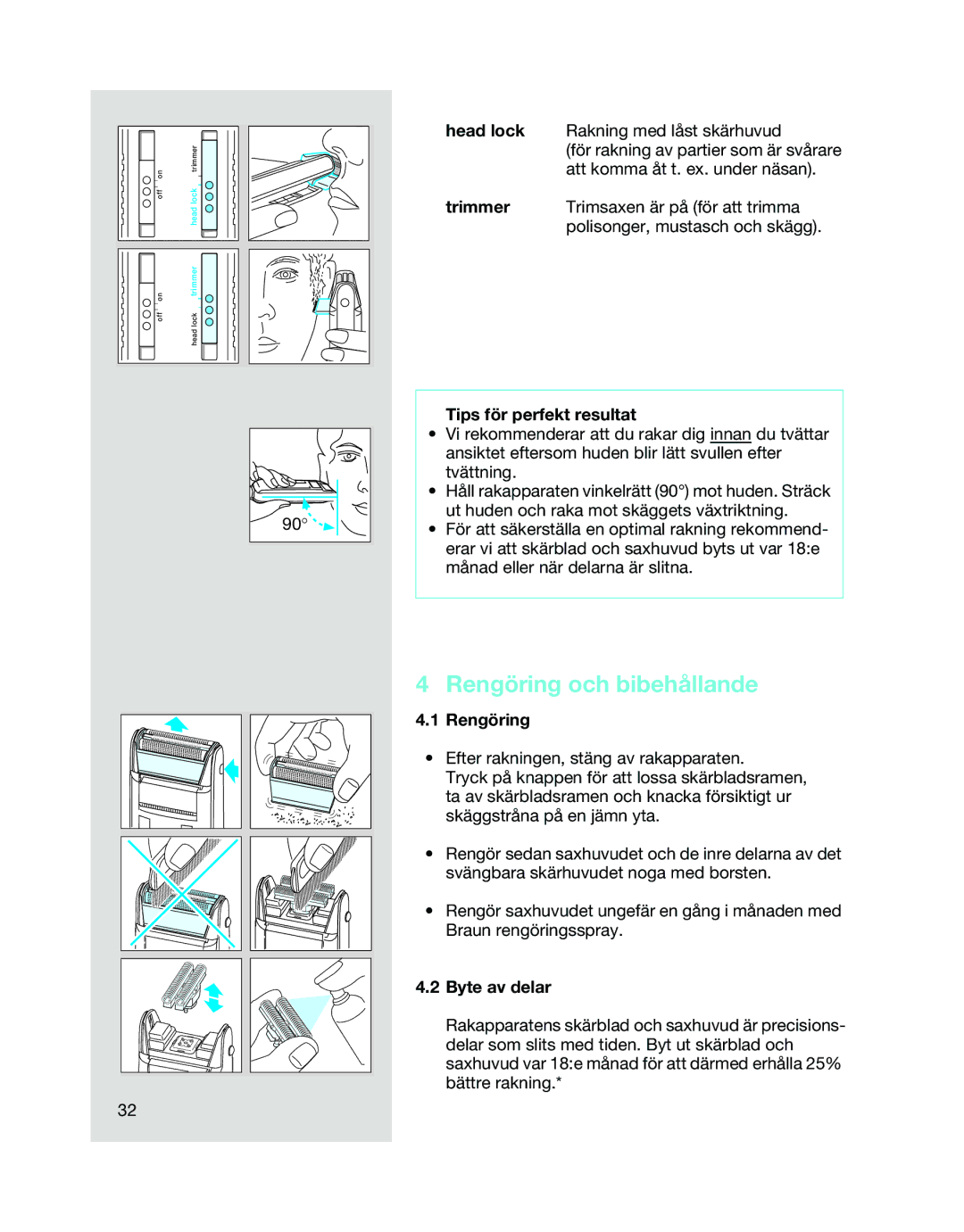 Braun 5468 manual Rengöring och bibehållande, Tips för perfekt resultat, Byte av delar 