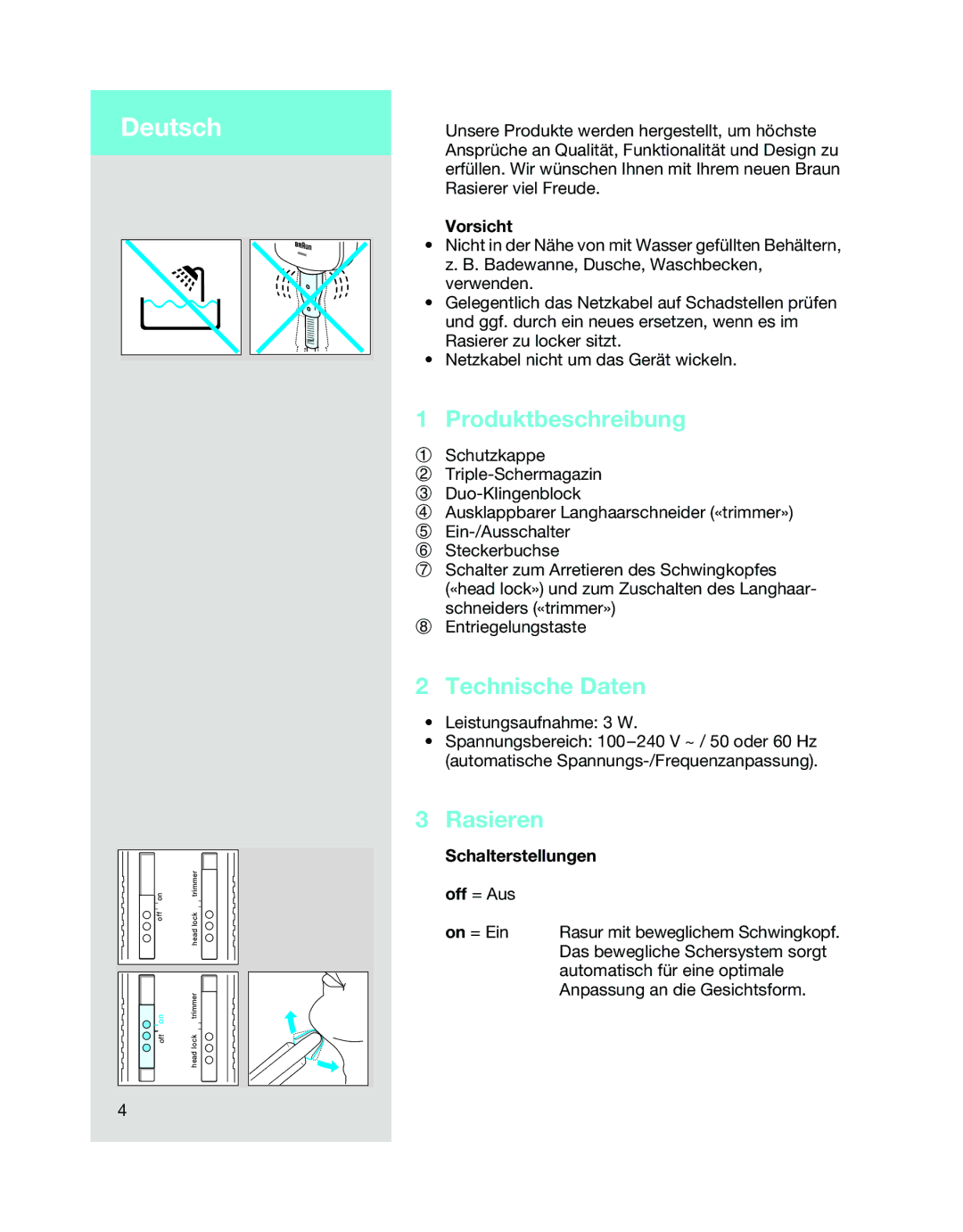 Braun 5468 manual Deutsch, Produktbeschreibung, Technische Daten, Rasieren 