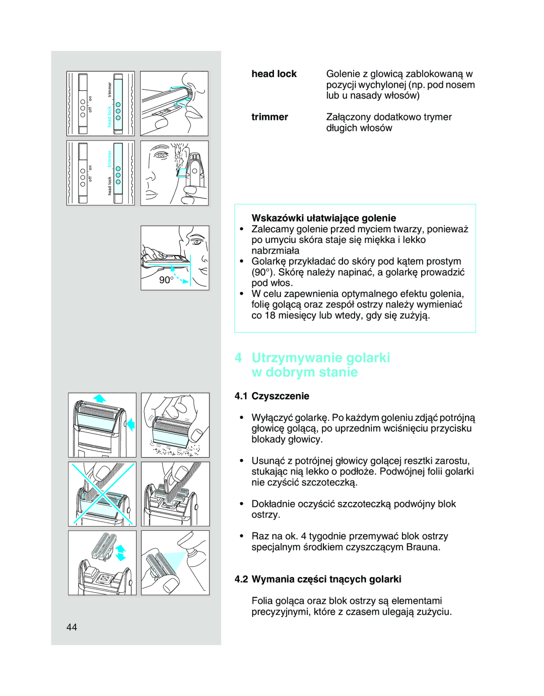 Braun 5468 manual Utrzymywanie golarki w dobrym stanie, Wskazówki u∏atwiajàce golenie, Czyszczenie 