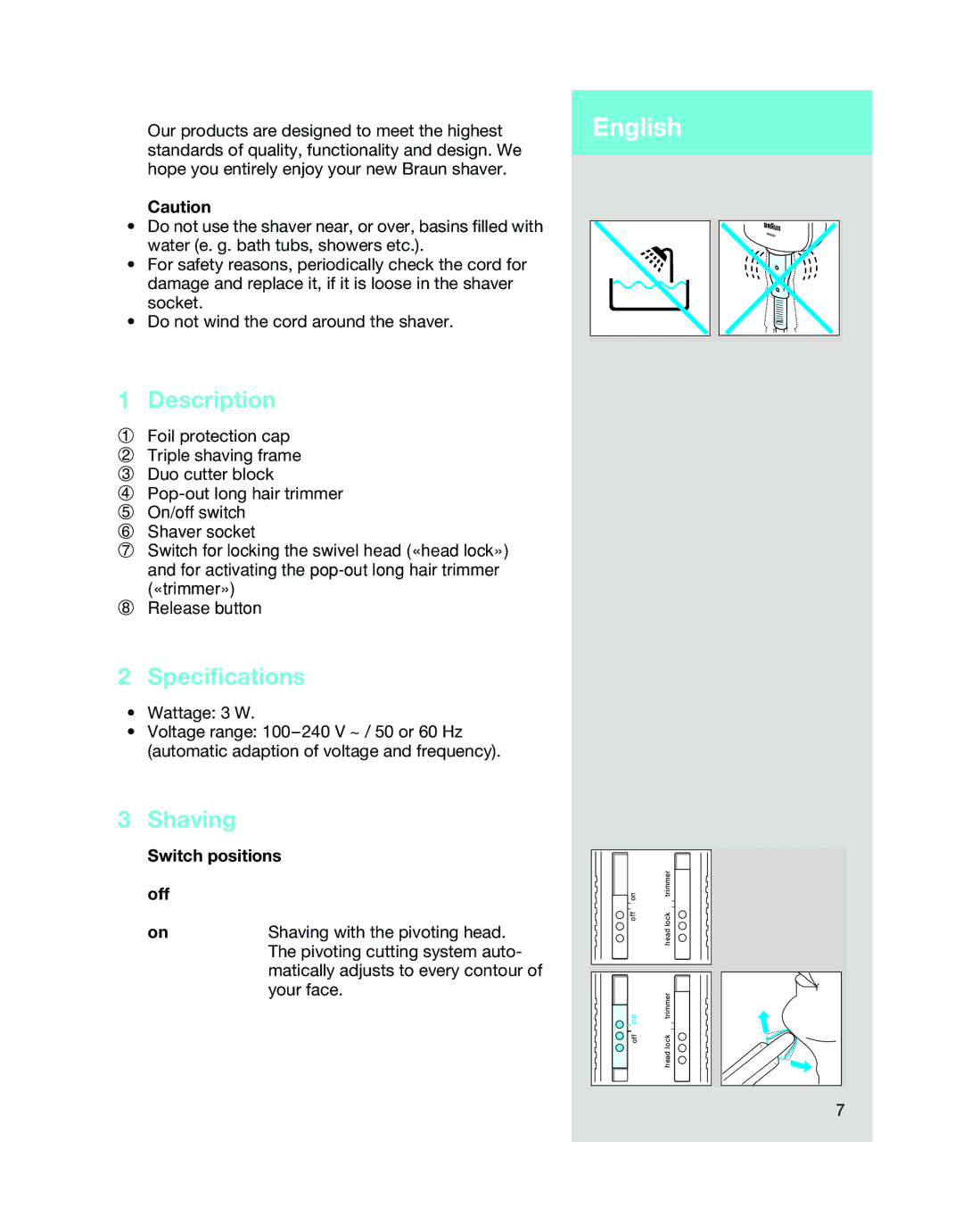 Braun 5468 manual English, Description, Specifications, Shaving, Switch positions Off 