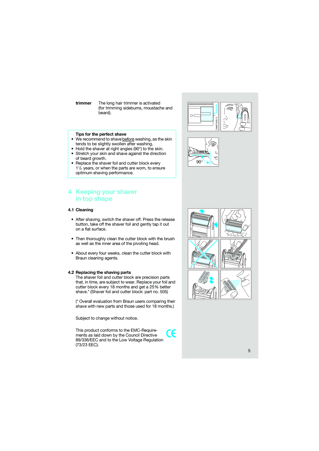 Braun 5474 manual Tips for the perfect shave, Cleaning, Replacing the shaving parts 