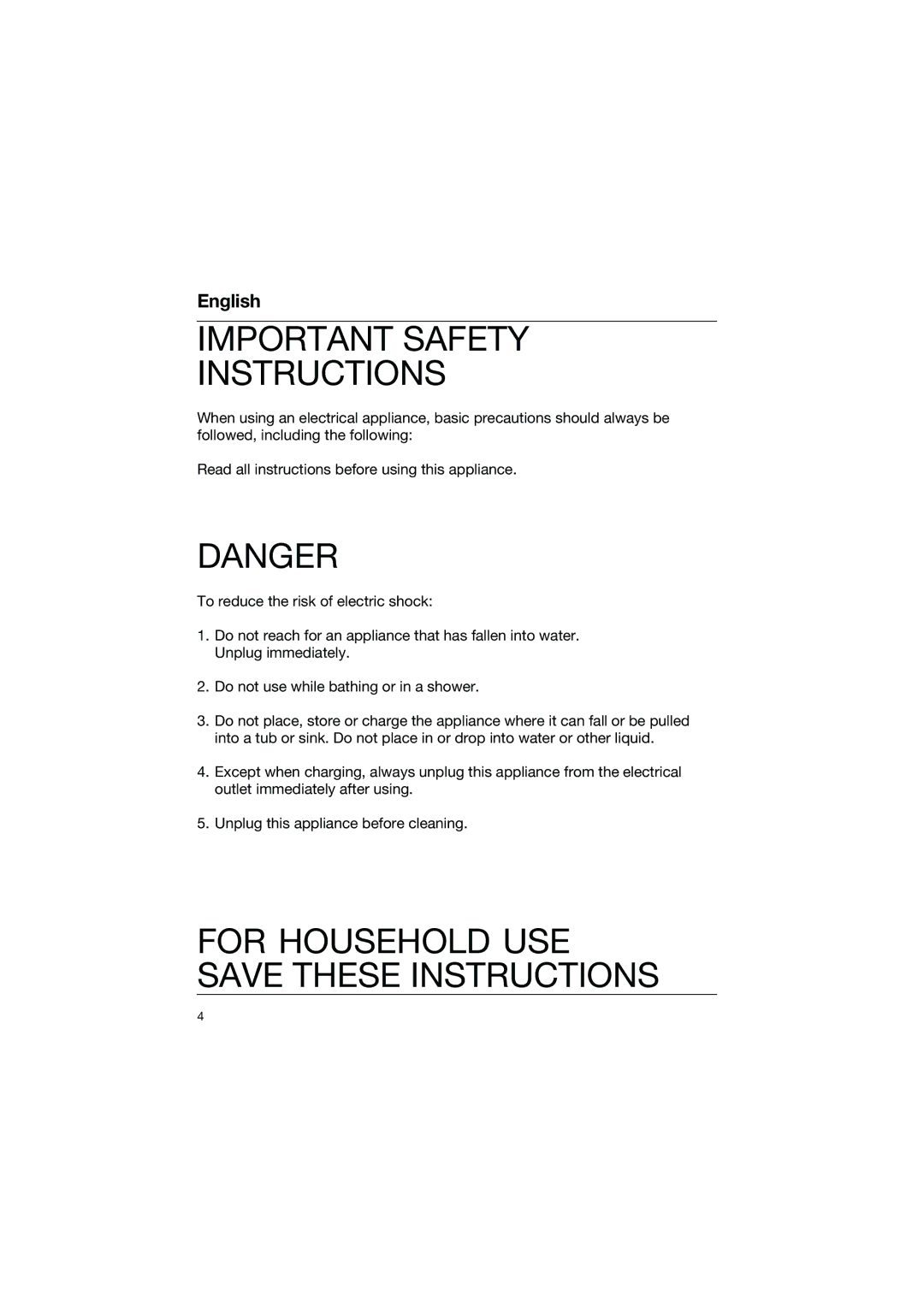 Braun 5491 manual Important Safety Instructions, For Household USE Save These Instructions 