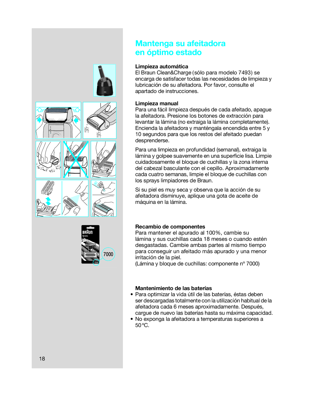 Braun 5494 Mantenga su afeitadora en óptimo estado, Limpieza automática, Limpieza manual, Recambio de componentes 