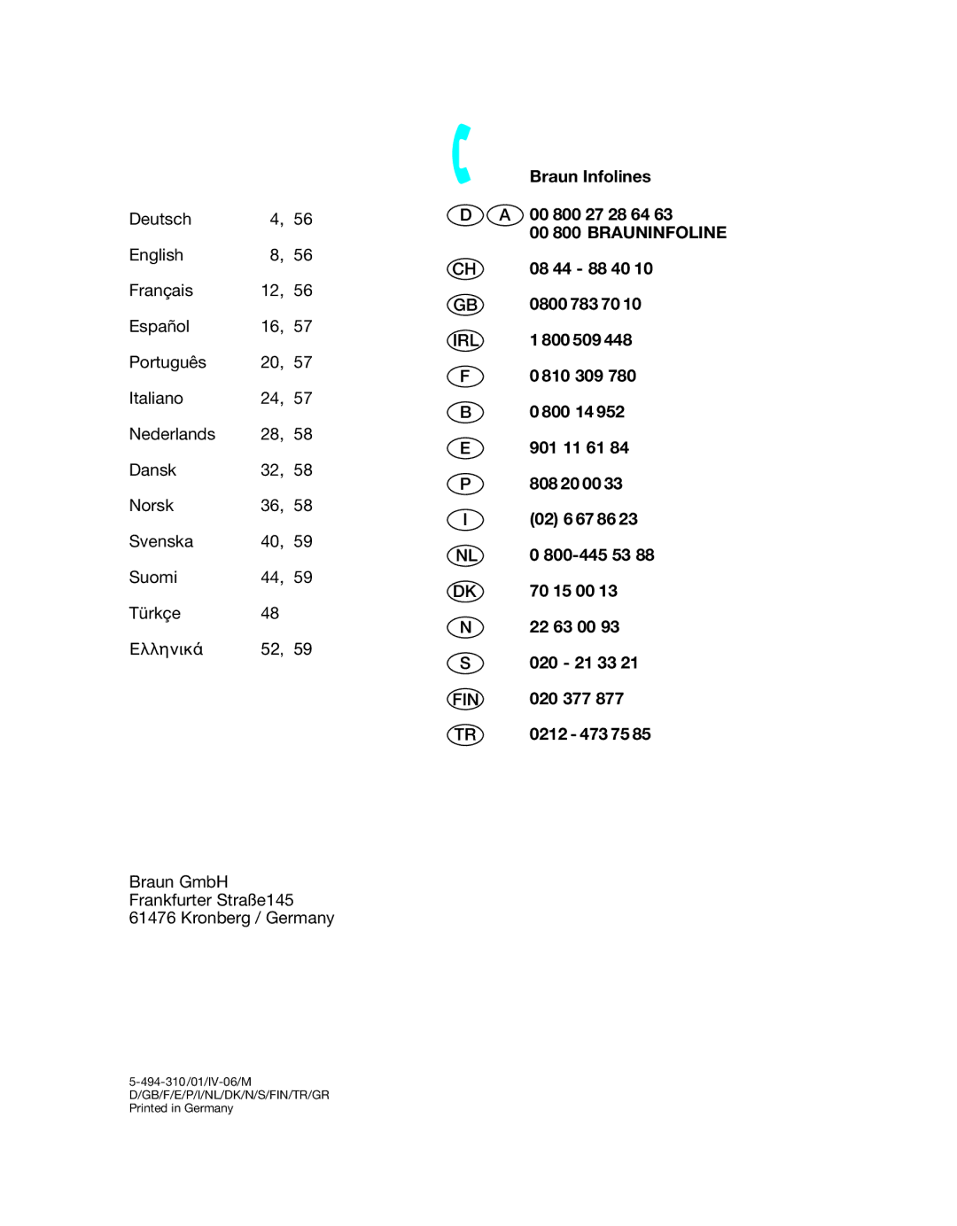 Braun 5494 manual Braun Infolines 00 800 27 28 64, 08 44 88 40, 0800 783 70, 800 509, 020 377 