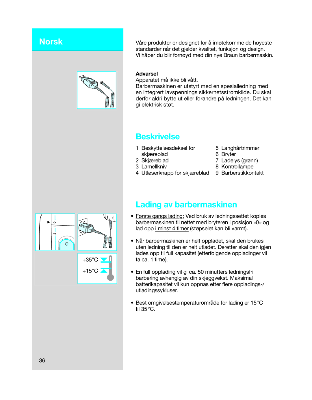 Braun 5494 manual Norsk, Lading av barbermaskinen 