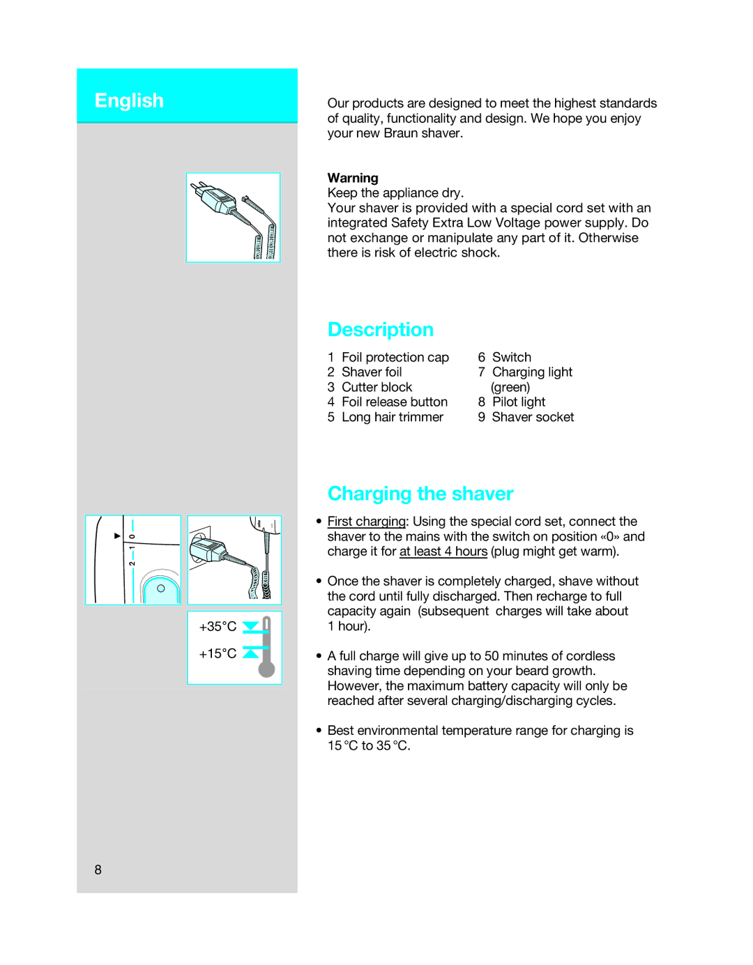 Braun 5494 manual English, Description, Charging the shaver 