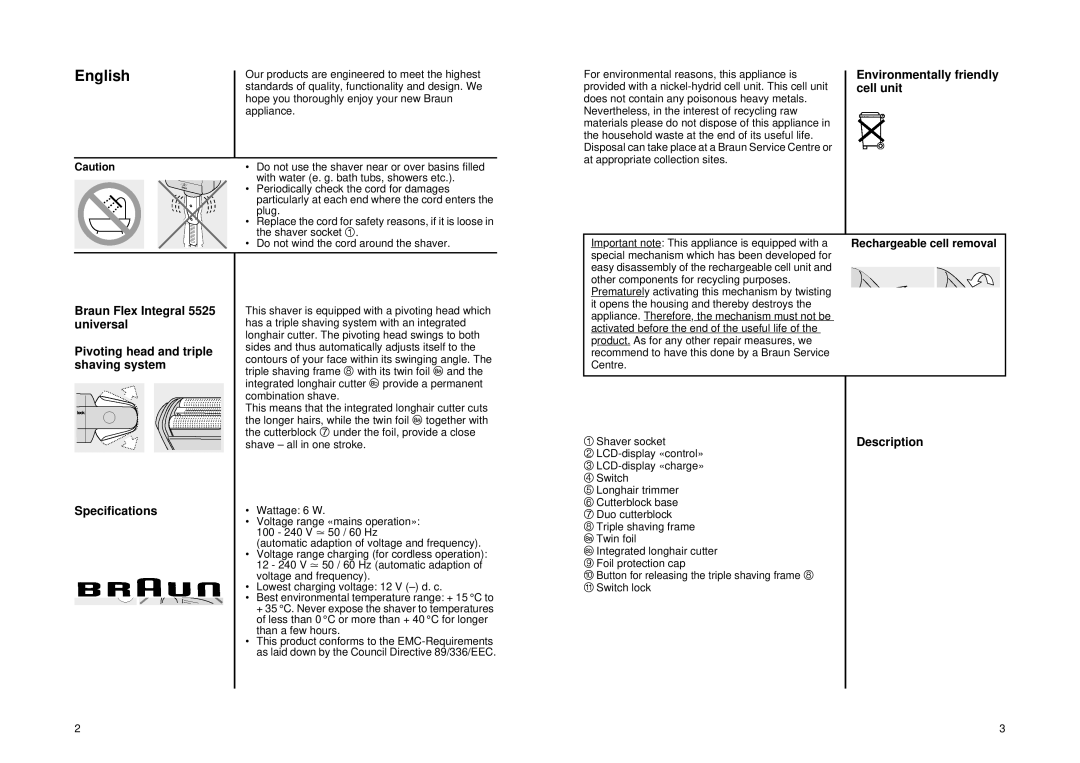 Braun 5525 manual Environmentally friendly cell unit, Specifications, Description, Rechargeable cell removal 