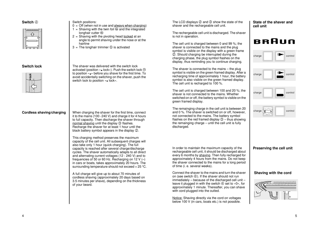 Braun 5525 manual Switch Switch lock, Cordless shaving/charging 