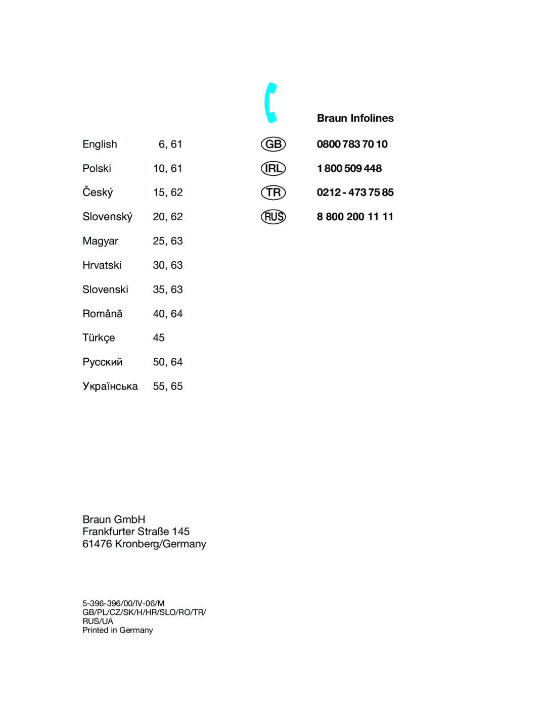 Braun 5580, 5680 manual Braun Infolines, 0800 783 70, 0212 473 75 