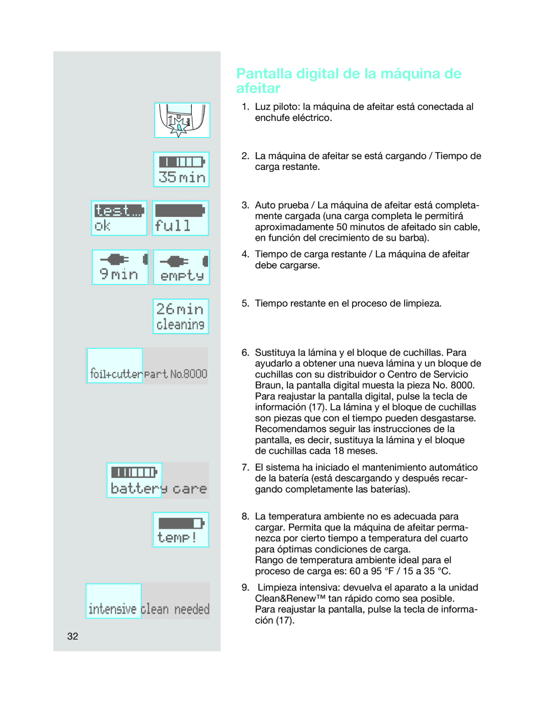 Braun 5643 manual Pantalla digital de la máquina de afeitar 