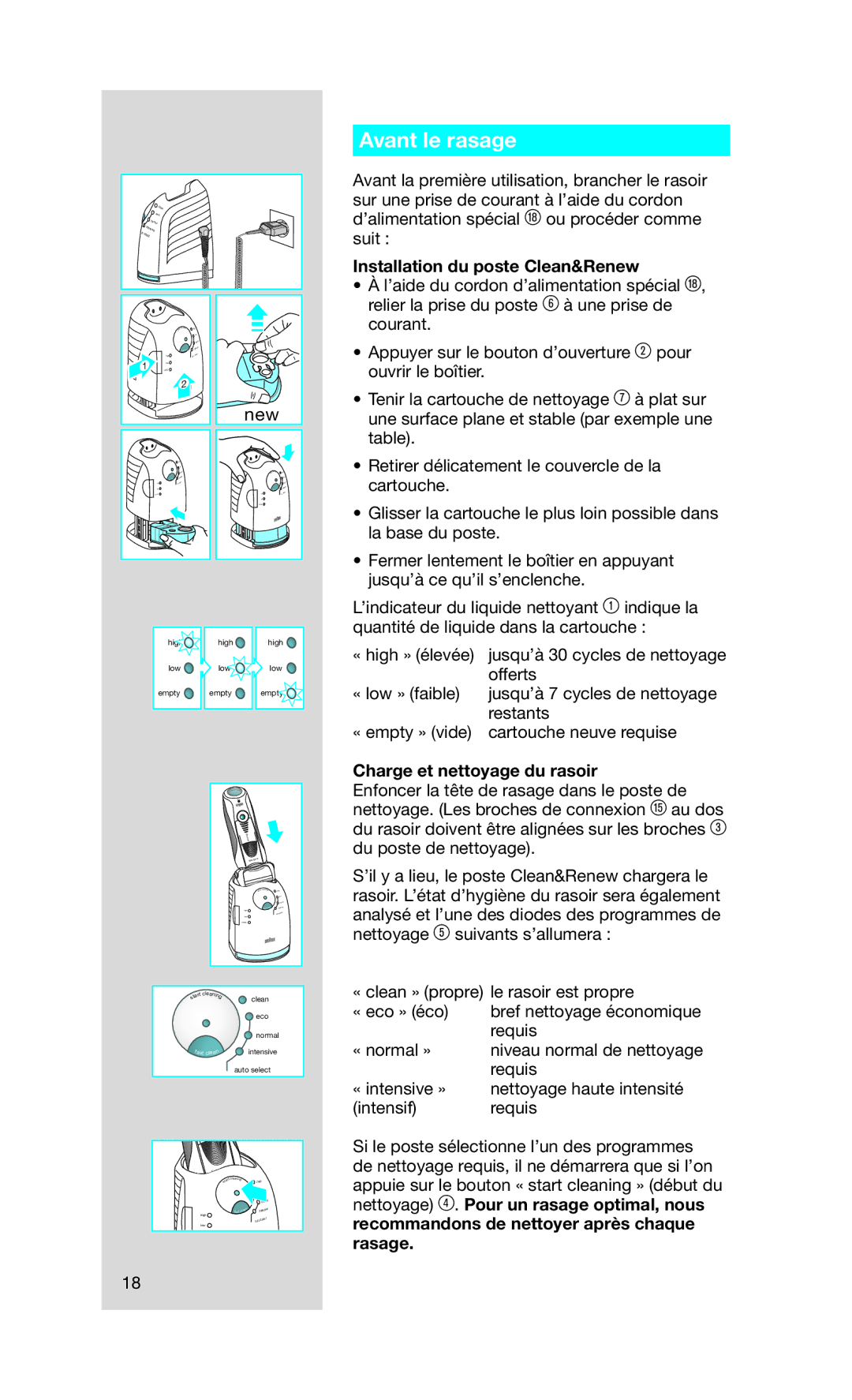 Braun 5671, 9595 manual Avant le rasage, Installation du poste Clean&Renew, Charge et nettoyage du rasoir 