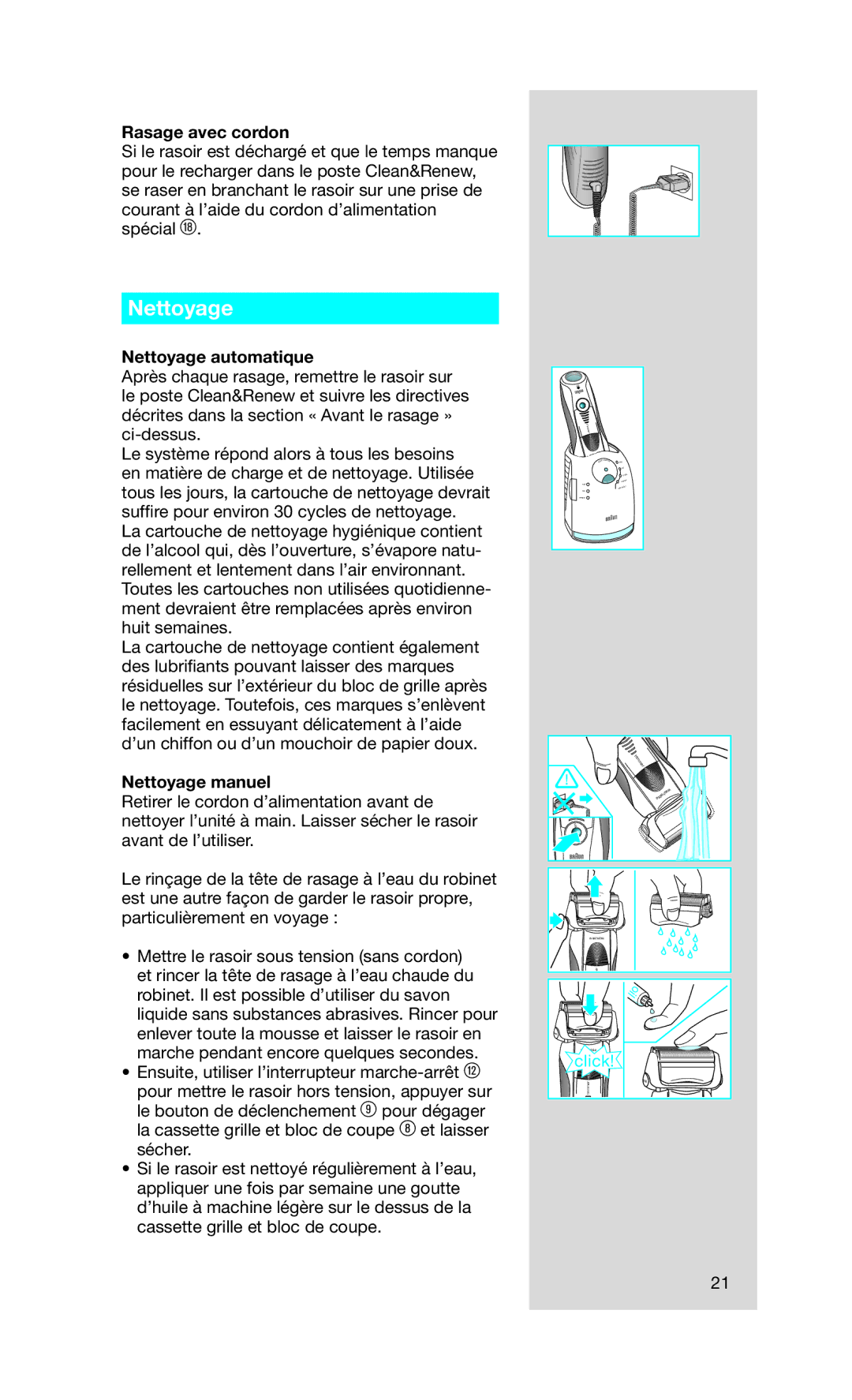 Braun 9595, 5671 manual Rasage avec cordon, Nettoyage automatique, Nettoyage manuel 