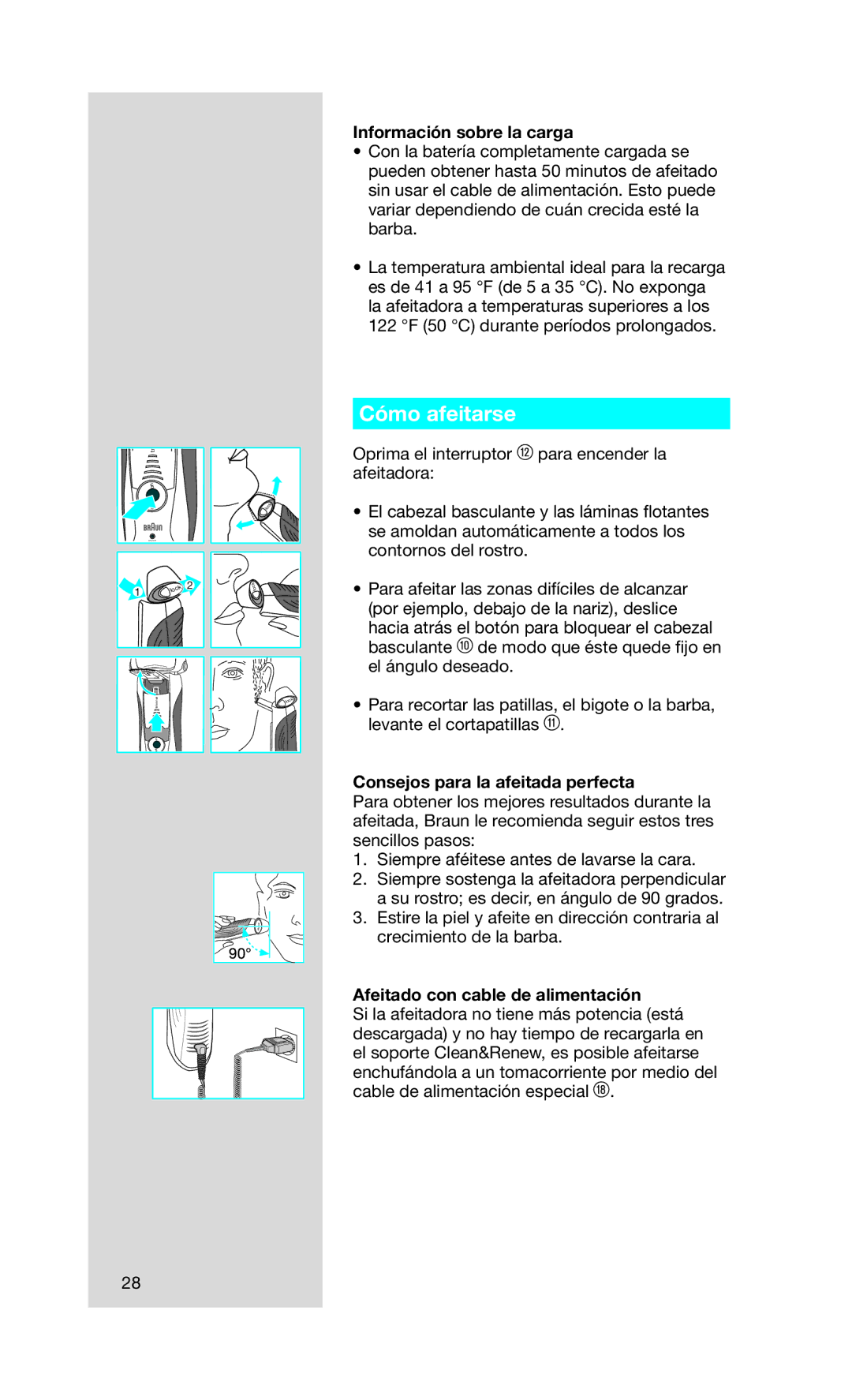 Braun 5673, Series 7 760cc-4 manual Cómo afeitarse, Información sobre la carga, Consejos para la afeitada perfecta 