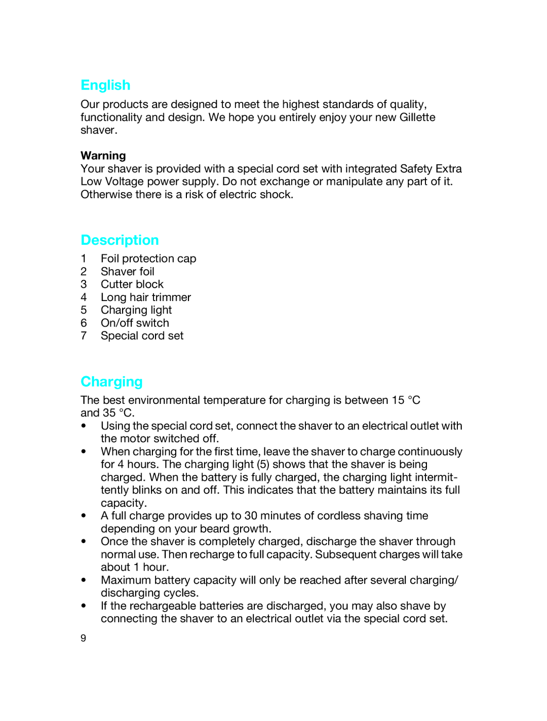 Braun 5729 manual English, Description, Charging 